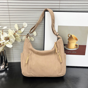 Beige corduroy shoulder bag for women