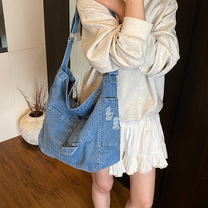 Washed Light Blue Denim Large Capacity Shoulder Tote Bag