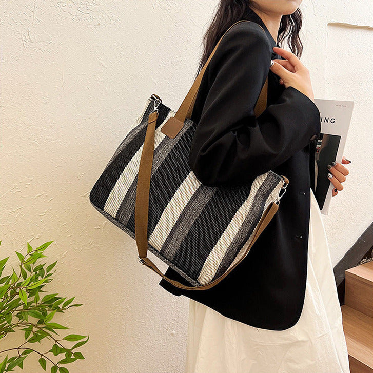Large Capacity Black and Grey Striped Shoulder Tote Bag
