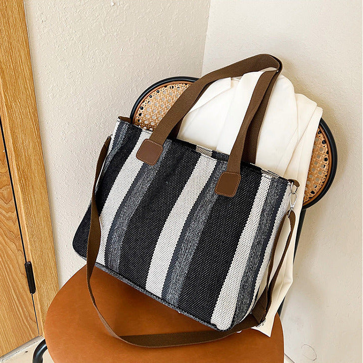 Large Capacity Black and Grey Striped Shoulder Tote Bag