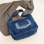 Denim Washed Brushed Tassel Messenger Bag - Large Capacity Casual Shoulder Bag for Women