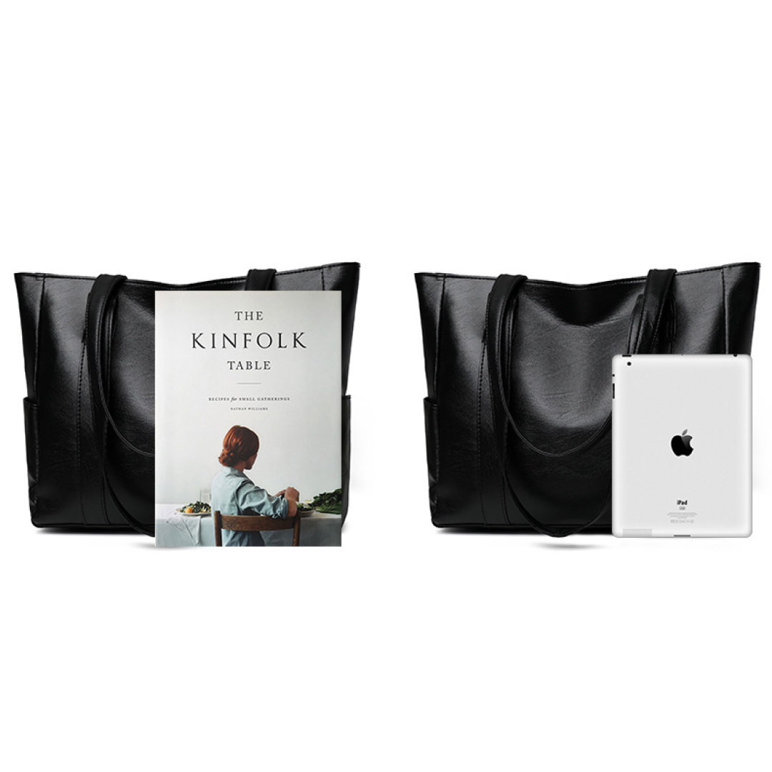 Everyday black tote bag styled for casual use