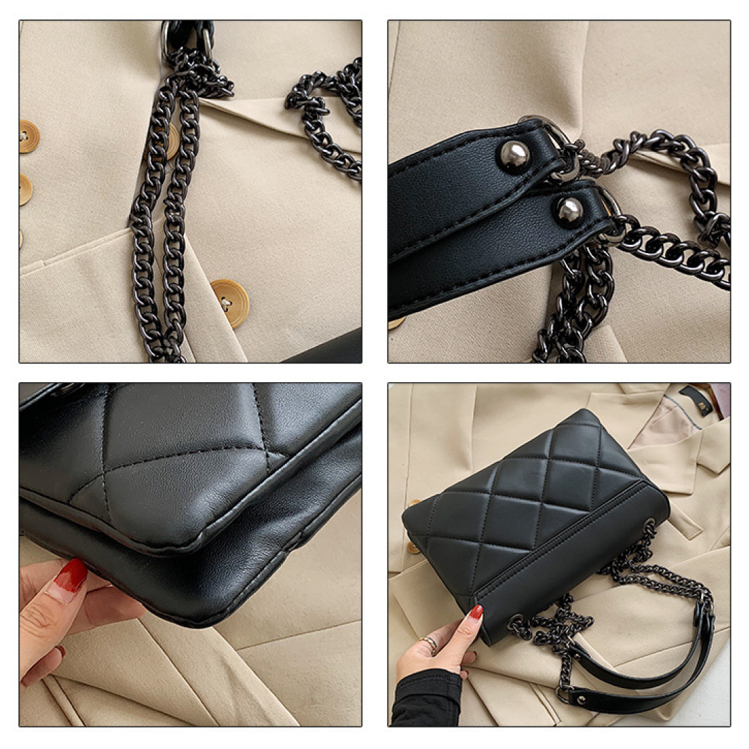 Elegant black quilted handbag with flap closure