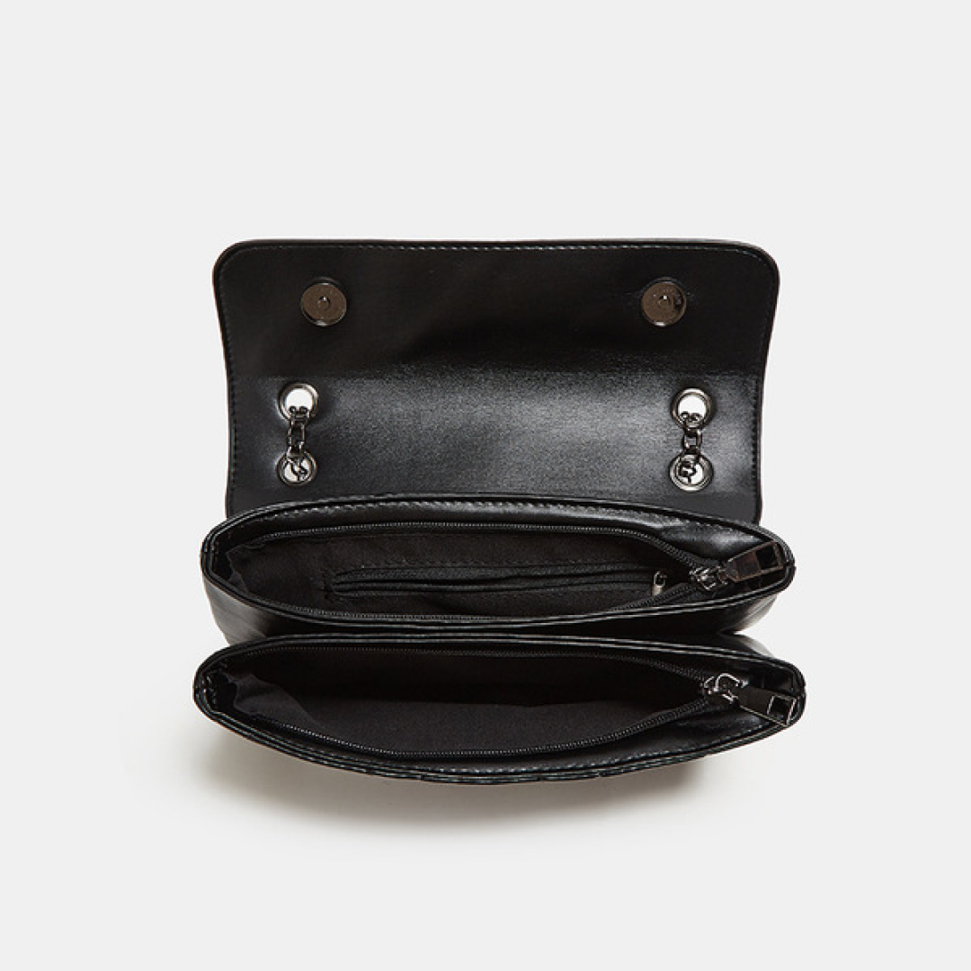 Top view of black quilted chain shoulder bag