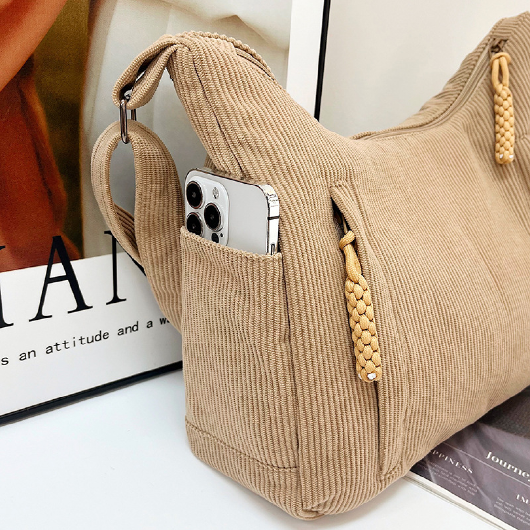 Corduroy bag with side phone pocket