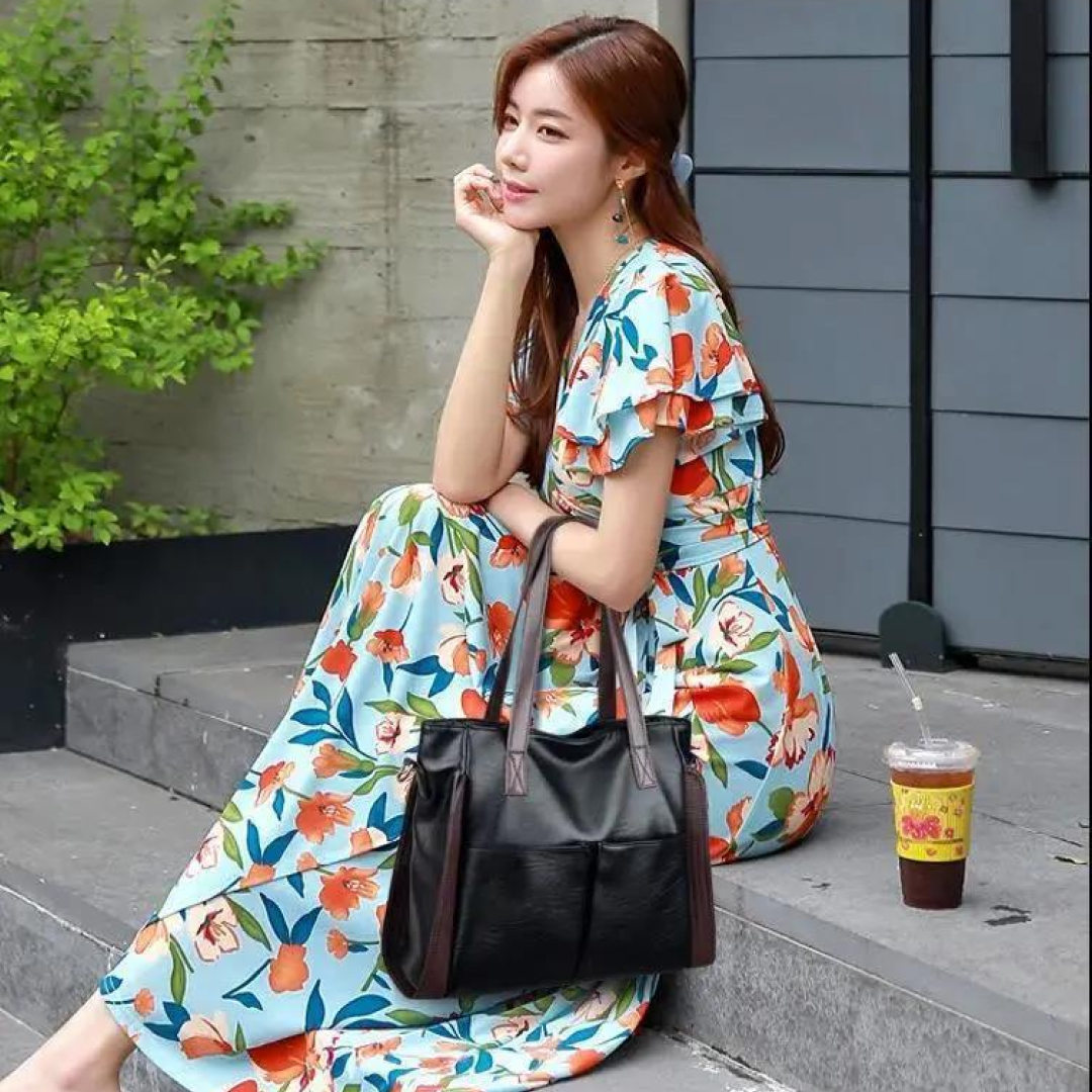 Dual-Tone Large Capacity Soft PU Leather Casual Portable Shoulder Bag - Black and Red