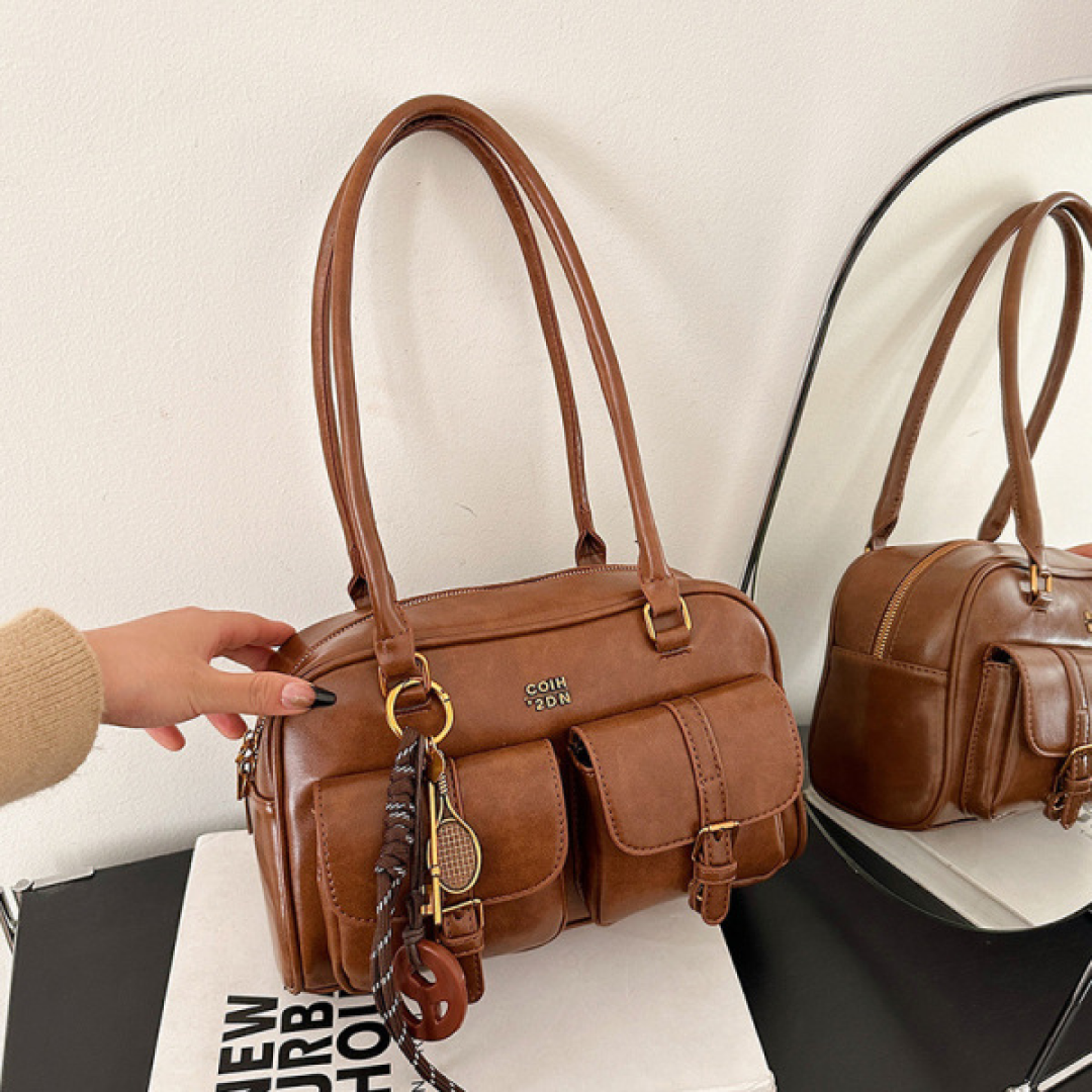 livoree Shiny Structured Multi-Pocket Shoulder Bag (Zipper Closure)