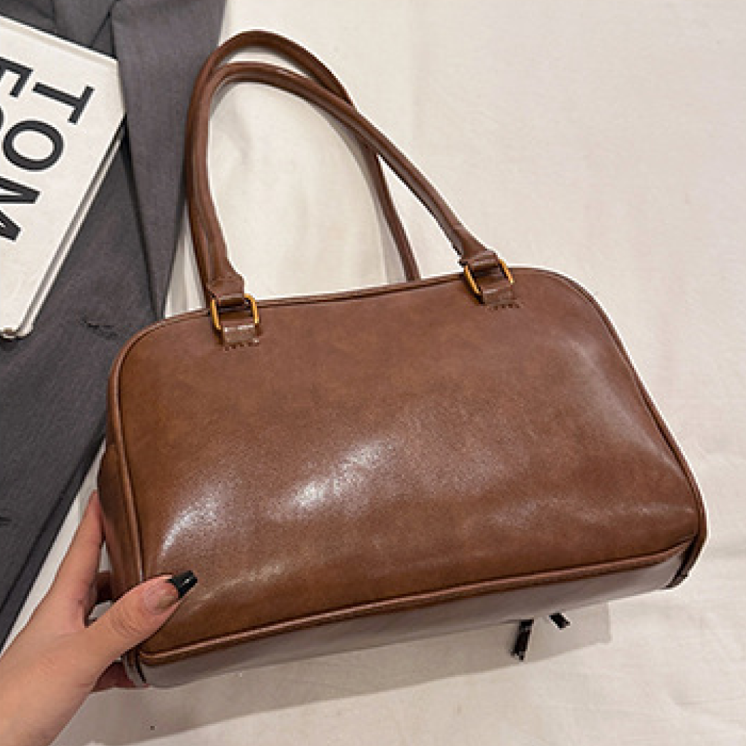 livoree Shiny Structured Multi-Pocket Shoulder Bag (Zipper Closure)