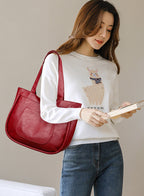 Large Capacity Everyday Comfort PU Leather Shoulder Tote Bag - Red and Brown