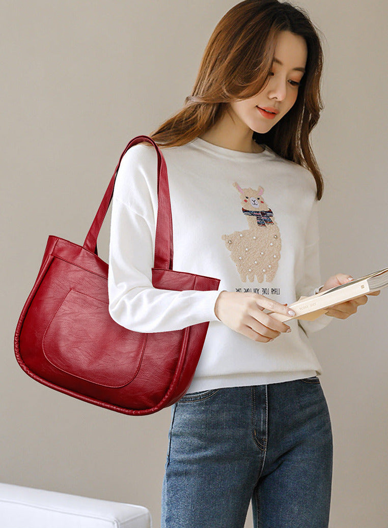 Large Capacity Everyday Comfort PU Leather Shoulder Tote Bag - Red and Brown