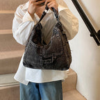 Washed Denim Ease Shoulder Tote Bag Large Capacity - Black Color