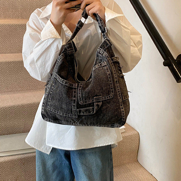Washed Denim Ease Shoulder Tote Bag Large Capacity - Black Color