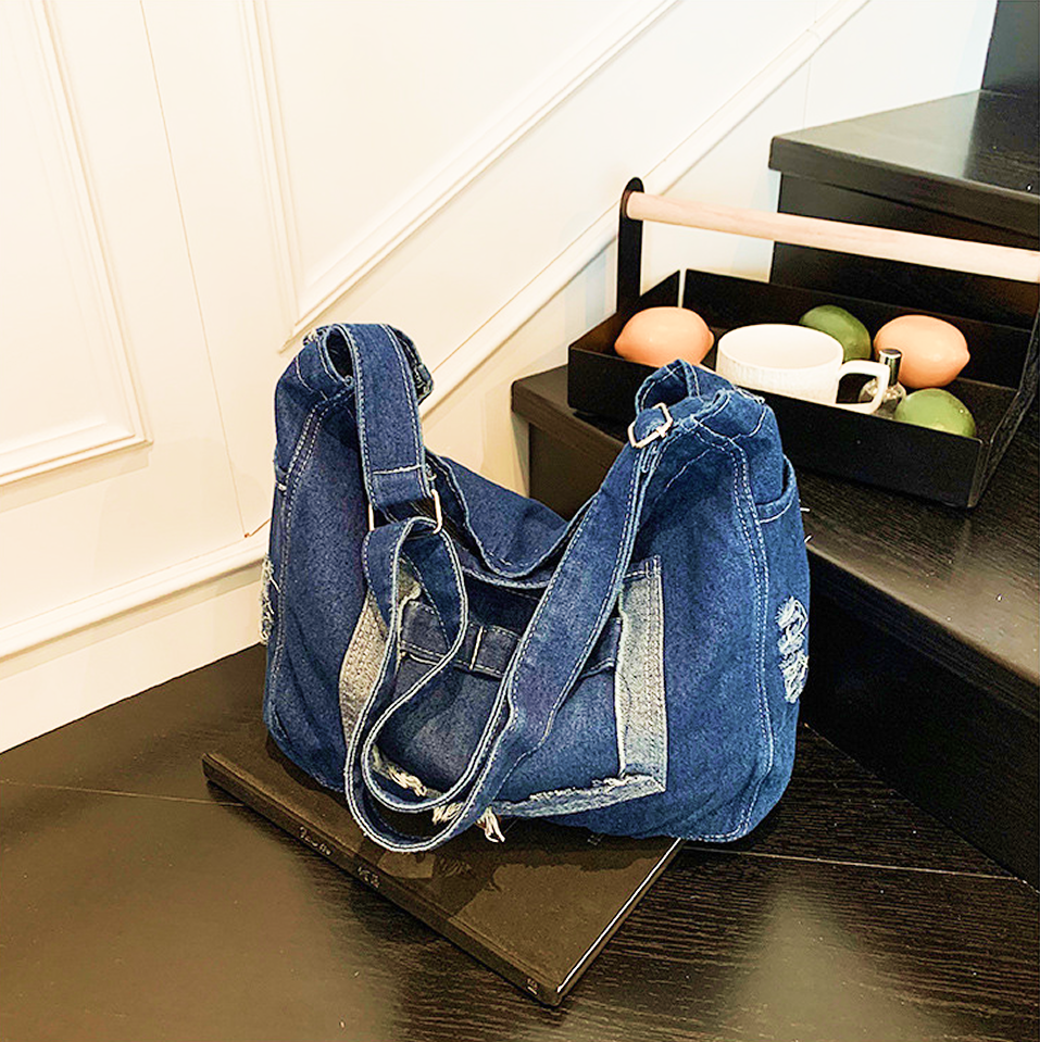 Denim Washed Tassel Large Capacity Shoulder Bag