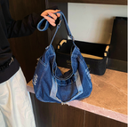 Denim Washed Brushed Tassel Messenger Bag - Large Capacity Casual Shoulder Bag for Women