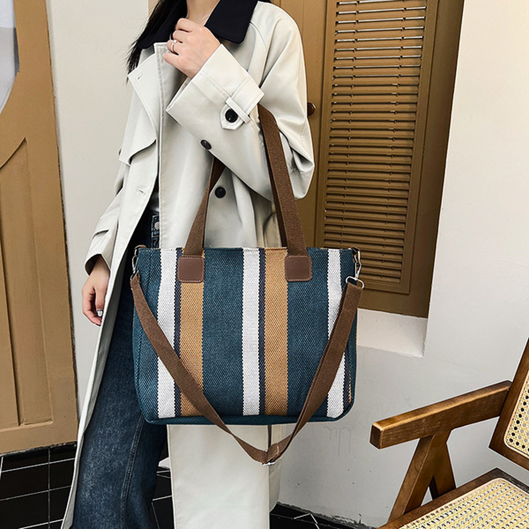 Large Capacity Striped Shoulder Tote Bag