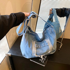 Denim Washed Brushed Tassel Messenger Bag - Large Capacity Casual Shoulder Bag for Women