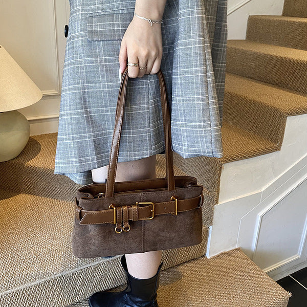 Suede Charm Shoulder Bag – Classic Belt Detail, Modern Design
