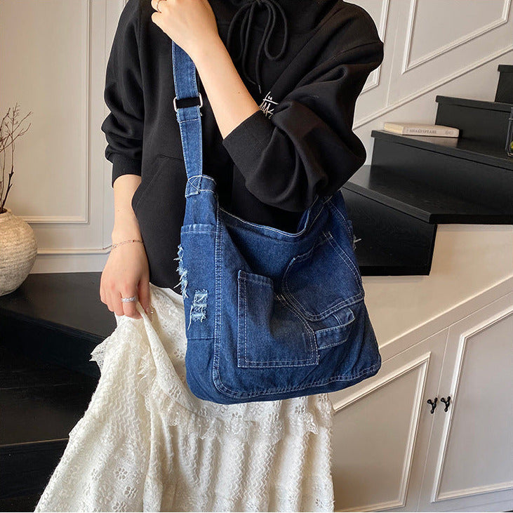 Washed Denim Ease Large Capacity Shoulder Tote Bag