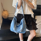 Denim Washed Brushed Tassel Messenger Bag - Large Capacity Casual Shoulder Bag for Women