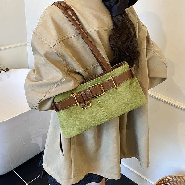 Suede Charm Shoulder Bag – Classic Belt Detail, Modern Design