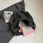 Washed Denim Ease Shoulder Tote Bag Large Capacity - Black Color
