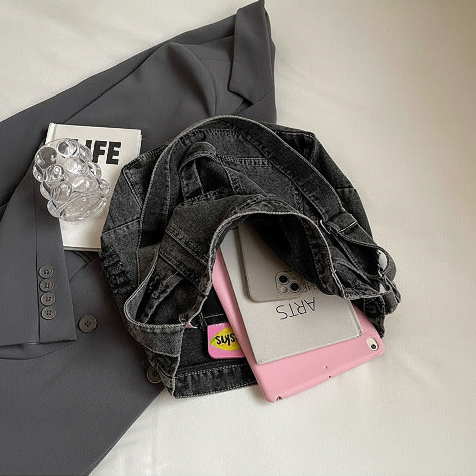 Washed Denim Ease Shoulder Tote Bag Large Capacity - Black Color