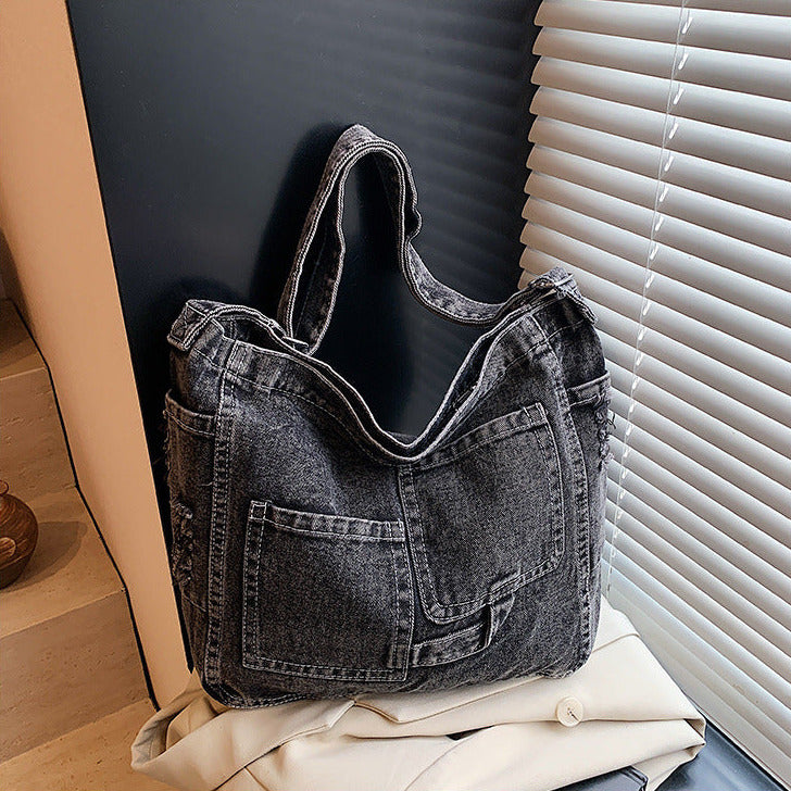 Washed Black Denim Large Capacity Shoulder Tote Bag