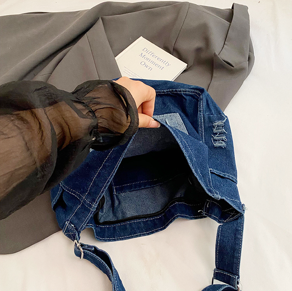 Denim Washed Brushed Tassel Messenger Bag Blue Color - Large Capacity Casual Shoulder Bag for Women