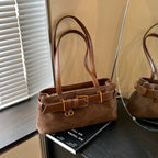 Suede Charm Shoulder Bag – Classic Belt Detail, Modern Design