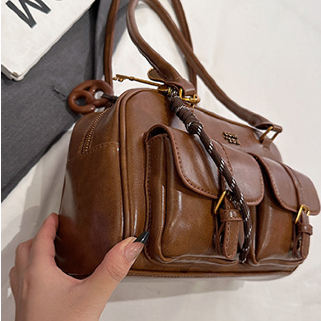 livoree Shiny Structured Multi-Pocket Shoulder Bag (Zipper Closure)